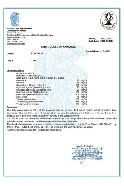 Oleocanthal+Oleacein+Ligstroside Aglycon = 528 mg/Kg Total Polifenol 808 mg/Kg 0.5L (2024/2025)