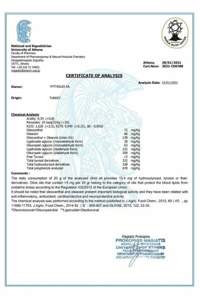 Oleocanthal+Oleacein+Ligstroside Aglycon = 516 mg/Kg Total Polifenol 914 mg/Kg 0.5L (2024/2025)