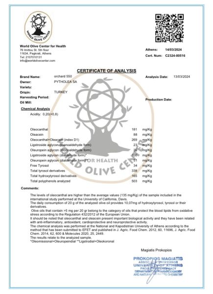 Oleocanthal+Oleacein+Ligstroside Aglycon = 531 mg/Kg Total Polifenol 791 mg/Kg  0.5L (2024/2025)