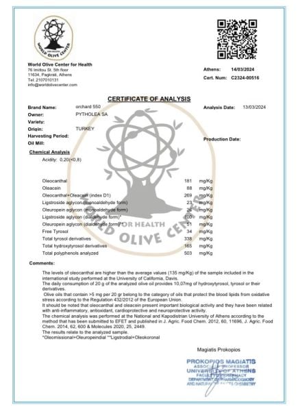Oleocanthal+Oleacein+Ligstroside Aglycon = 419 mg/Kg Total Polifenol 658 mg/Kg  0.5L (2024/2025)