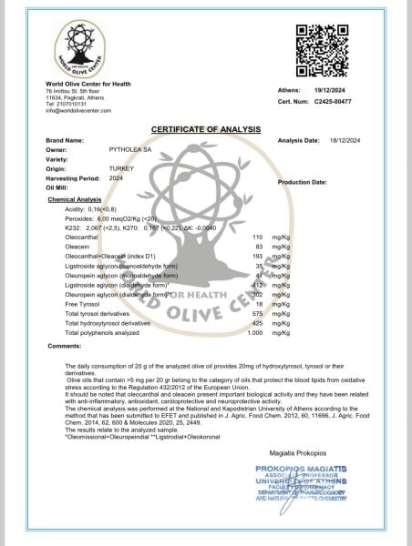Oleocanthal+Oleacein+Ligstroside Aglycon = 605 mg/kg Total Polifenol 1000 mg/kg
