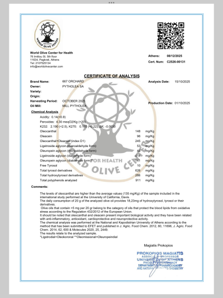 0.5 Litre  Oleocanthal+Oleacein+Ligstroside  Aglycon = 658 mg/Kg Total Polifenol 911mg/ Kg (2025 / 2026)